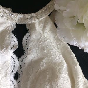 White lace David’s bridal rehearsal dress